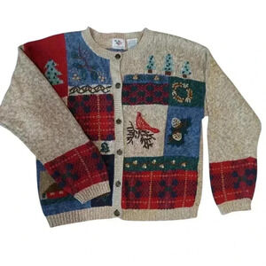 Nutcracker Vintage Holiday Christmas Embroidered Button Front Sweater Cardinal